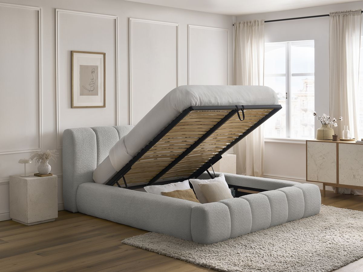 Bobochic Denali Polsterbett mit Bettkasten Bouclé-Stoff Hellgrau, Liegefläche 180 × 200 cm