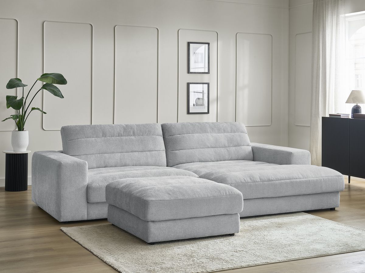 Bobochic Sierra Ecksofa mit Pouf Strukturstoff Hellgrau Ecke rechts