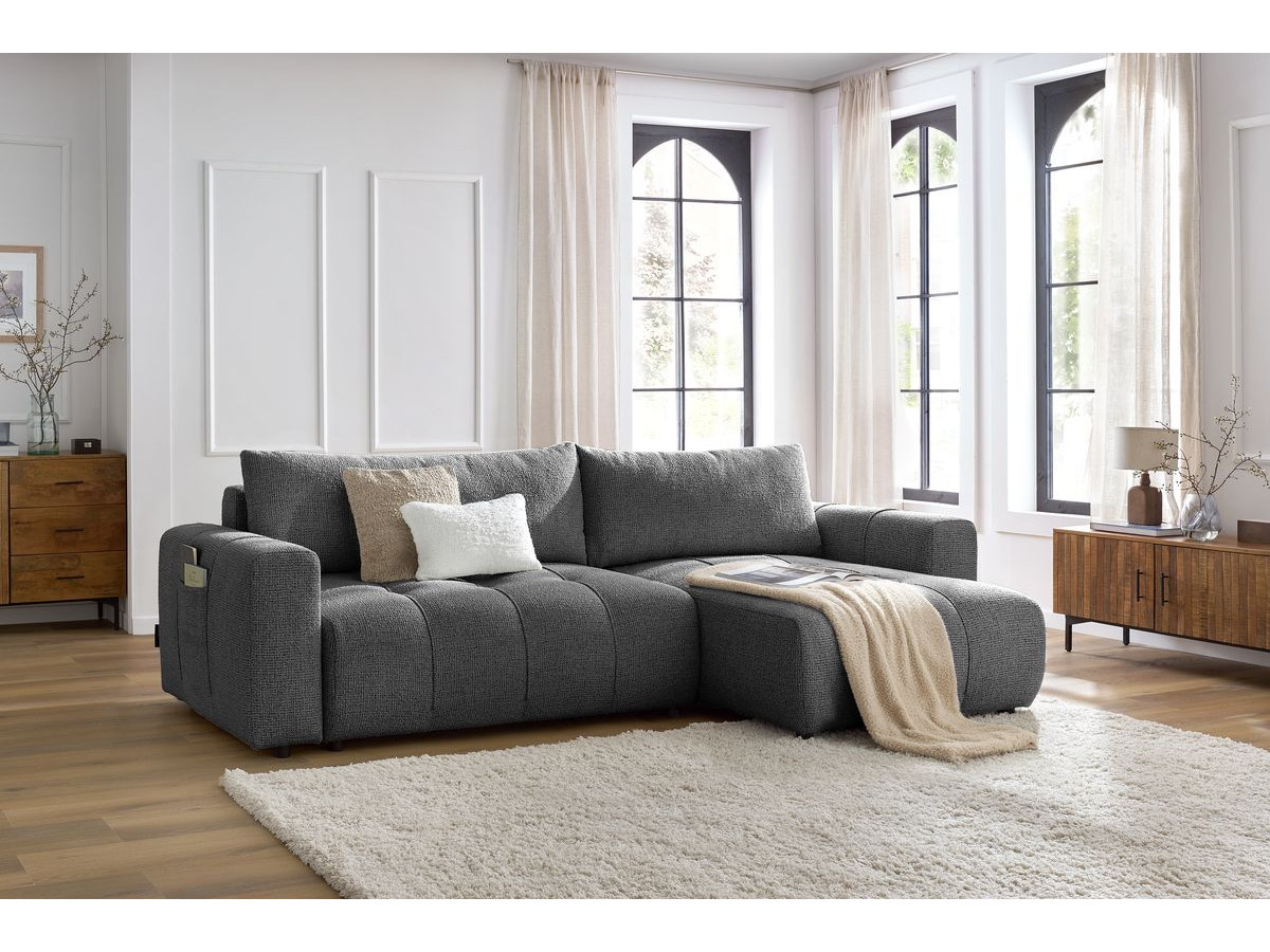 Bobochic Arsene Ecksofa mit Schlaffunktion und Bettkasten 288 × 148 cm Melange-Stoff Dunkelgrau