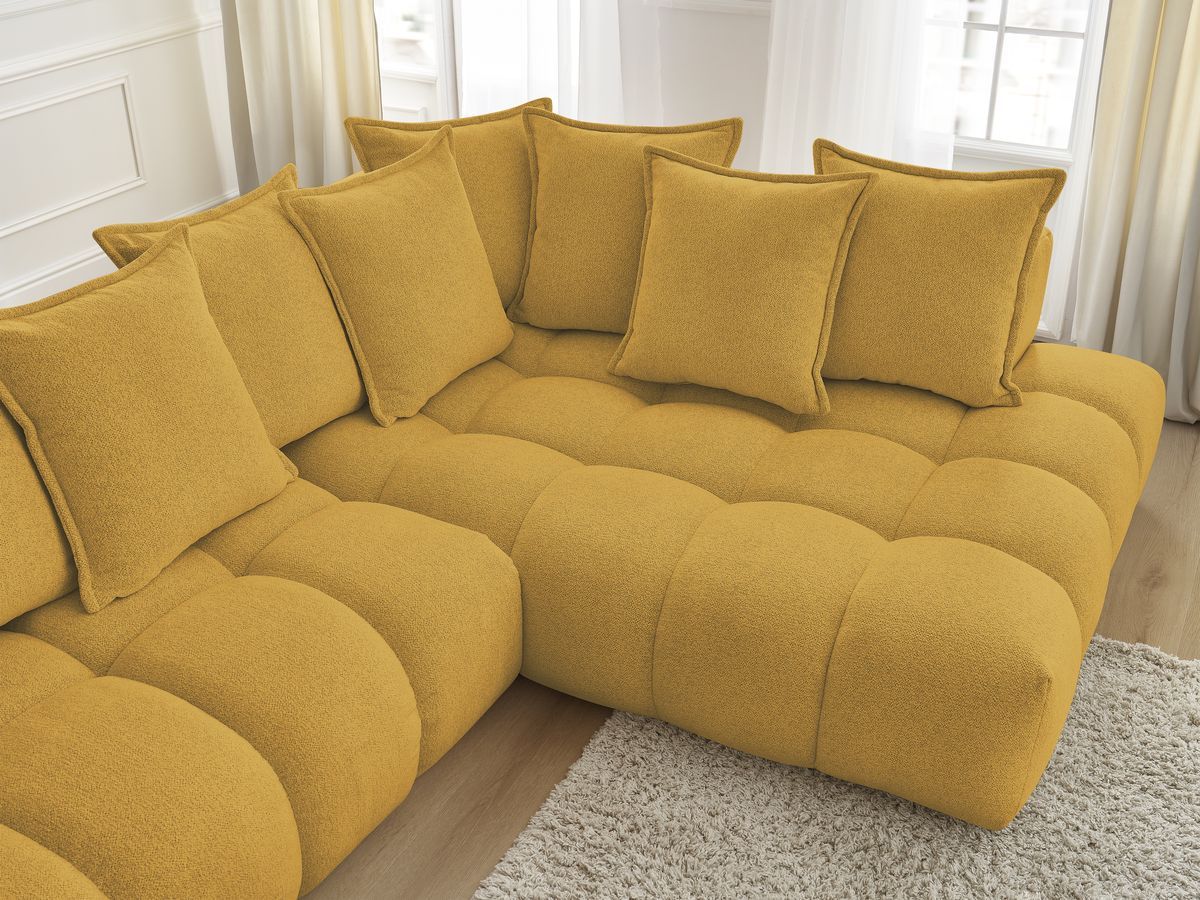 Bobochic Everest Ecksofa mit Schlaffunktion und Pouf, 10 Kissen Melange-Stoff Gelb Ecke rechts