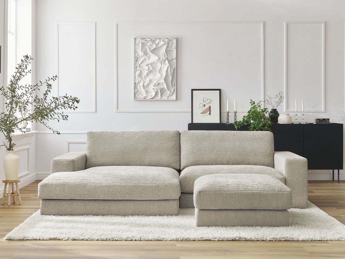 Bobochic Leonard Ecksofa mit Pouf 274 × 159 cm Strukturstoff Beige Ecke links