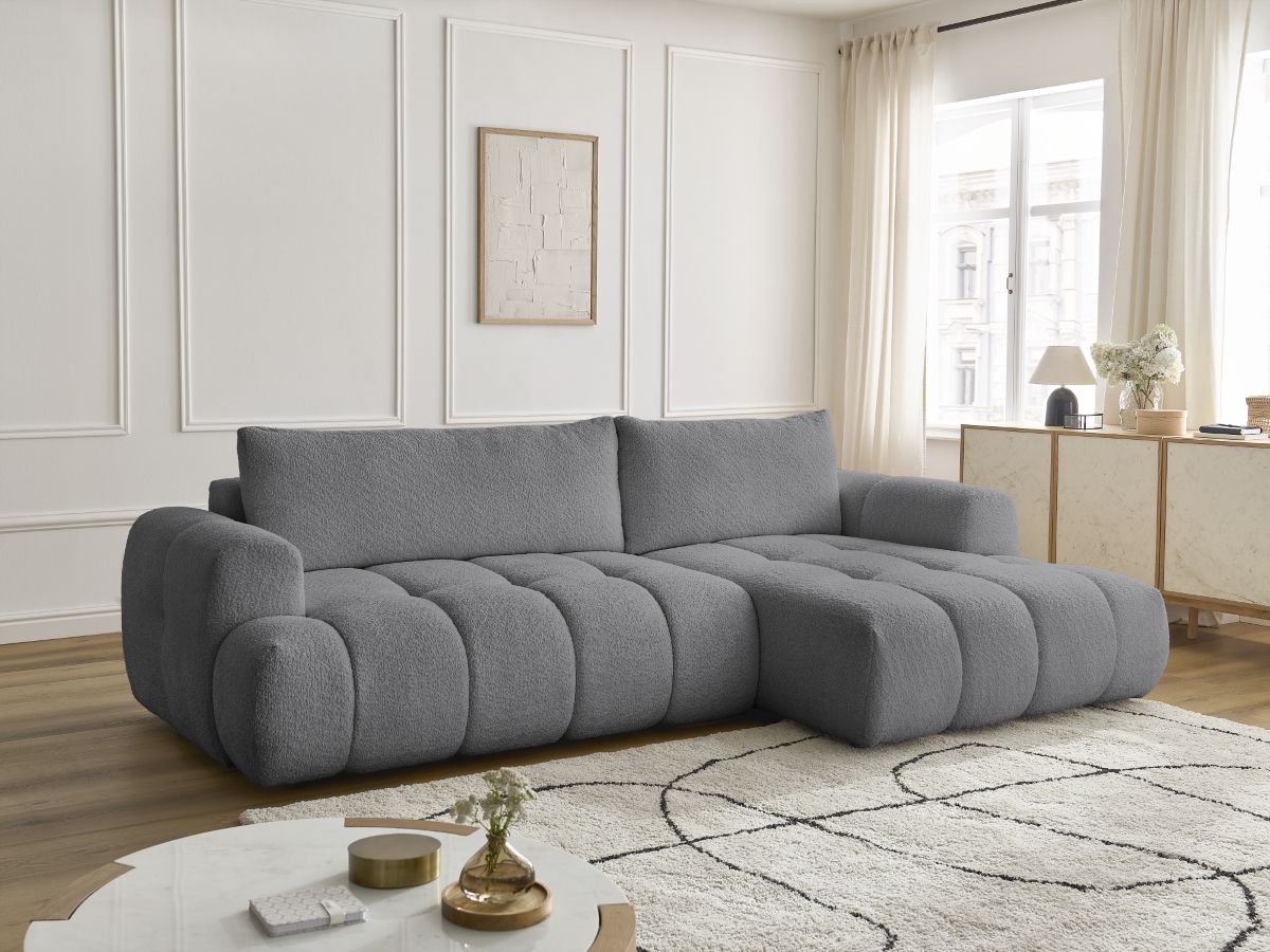 Bobochic Fuji Ecksofa mit Schlaffunktion und Bettkasten 292 × 160 cm Bouclé-Stoff Dunkelgrau Ecke rechts