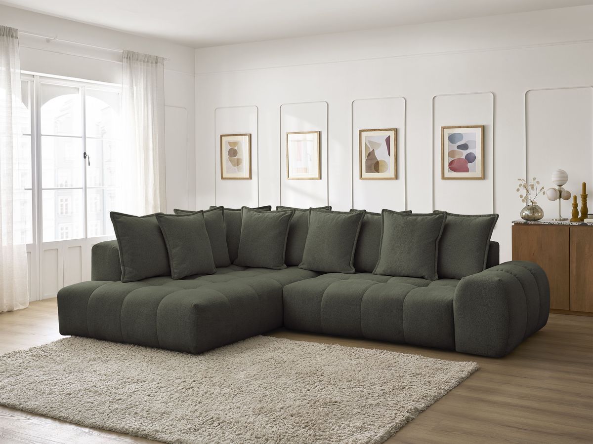 Bobochic Everest Ecksofa mit Schlaffunktion und Bettkasten 320 × 212 cm, 10 Kissen Melange-Stoff Grün Ecke links