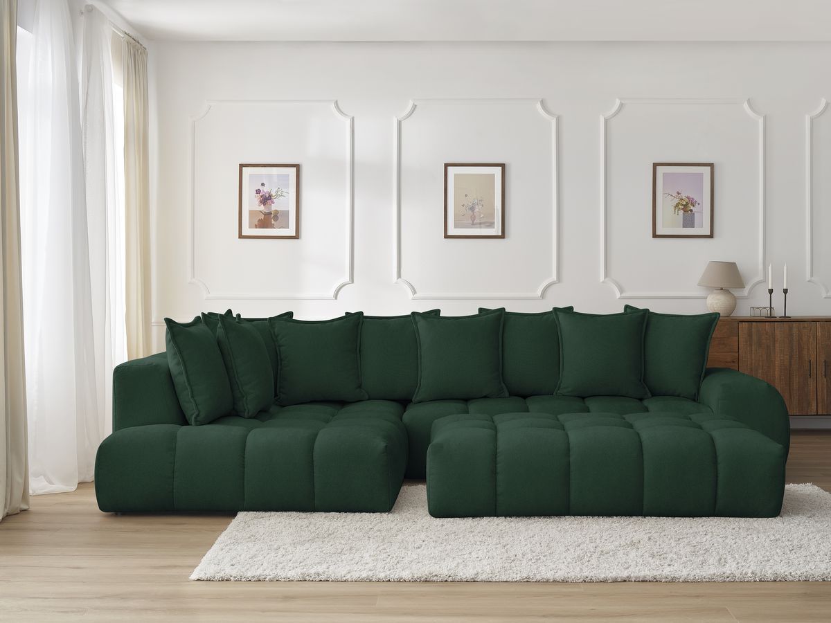 Bobochic Everest Ecksofa mit Schlaffunktion und Pouf, 10 Kissen Strukturstoff Grün Ecke links
