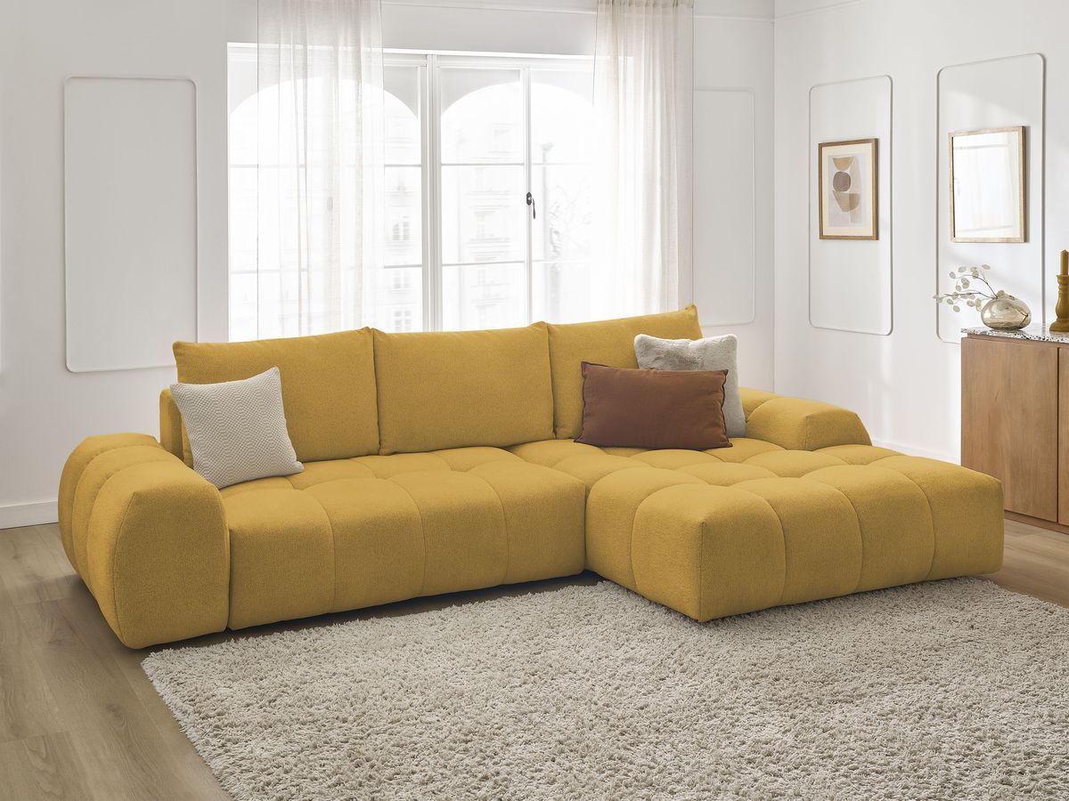 Bobochic Everest Ecksofa mit Schlaffunktion und Bettkasten 318 × 180 cm, 3 Kissen Melange-Stoff Gelb Ecke rechts