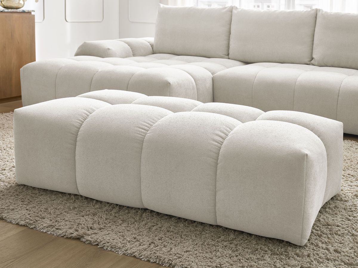 Bobochic Everest Ecksofa mit Schlaffunktion und Bettkasten und Pouf 318 × 180 cm, 3 Kissen Strukturstoff Weiß Ecke links