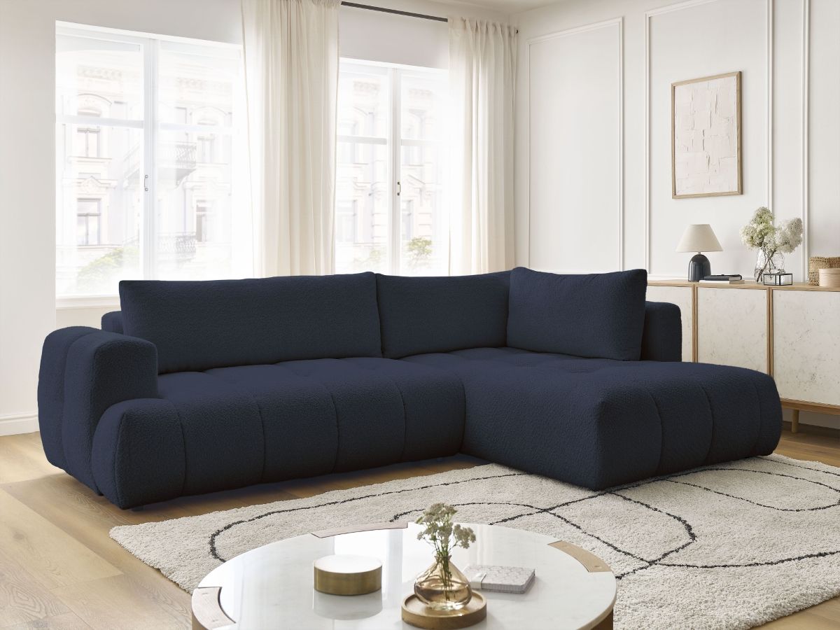 Bobochic Fuji Ecksofa mit Schlaffunktion und Bettkasten 282 × 204 cm Bouclé-Stoff Dunkelblau Ecke rechts