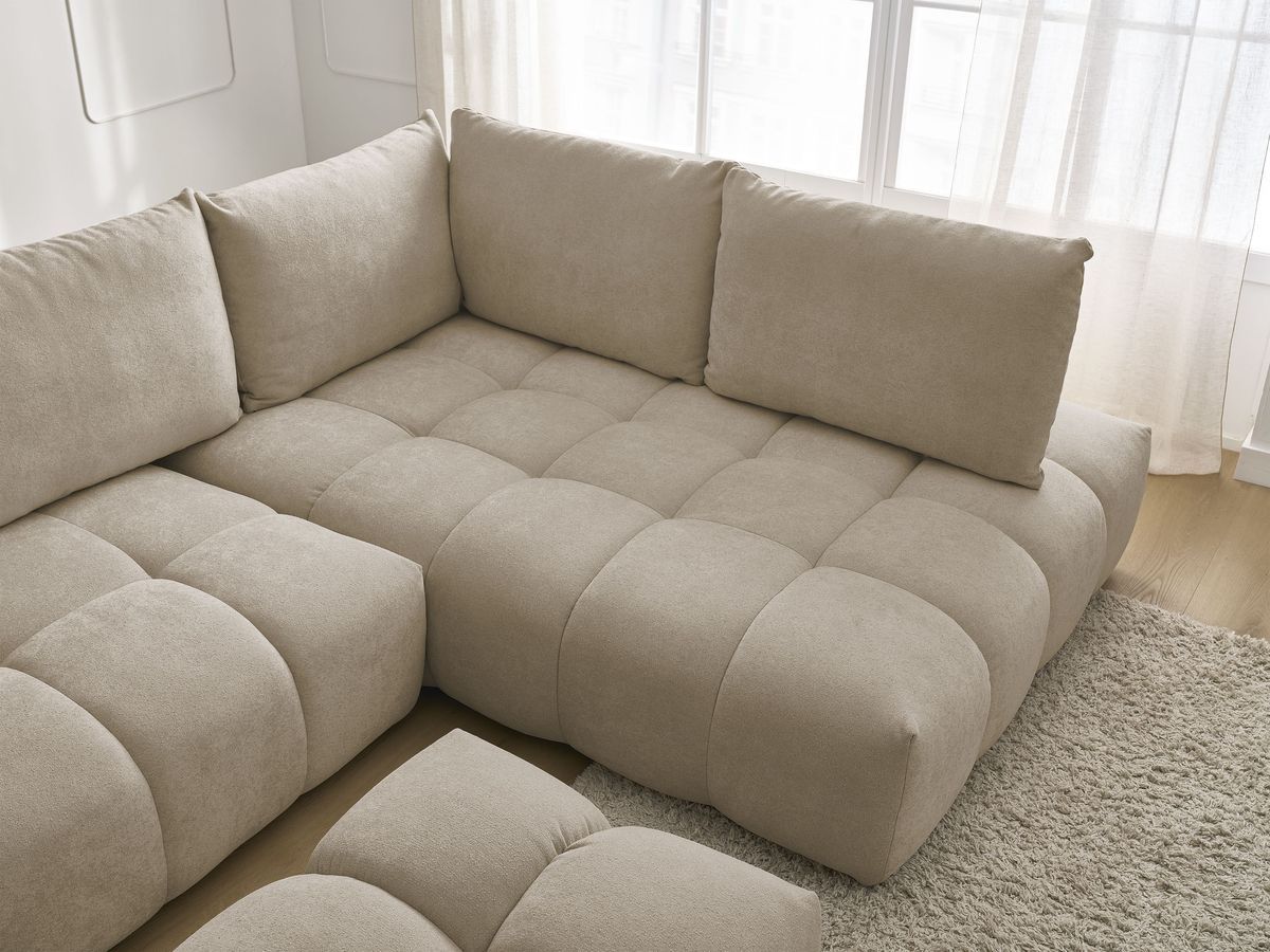 Bobochic Everest Ecksofa mit Schlaffunktion und Bettkasten und Pouf 320 × 212 cm, 5 Kissen Strukturstoff Taupe Ecke rechts