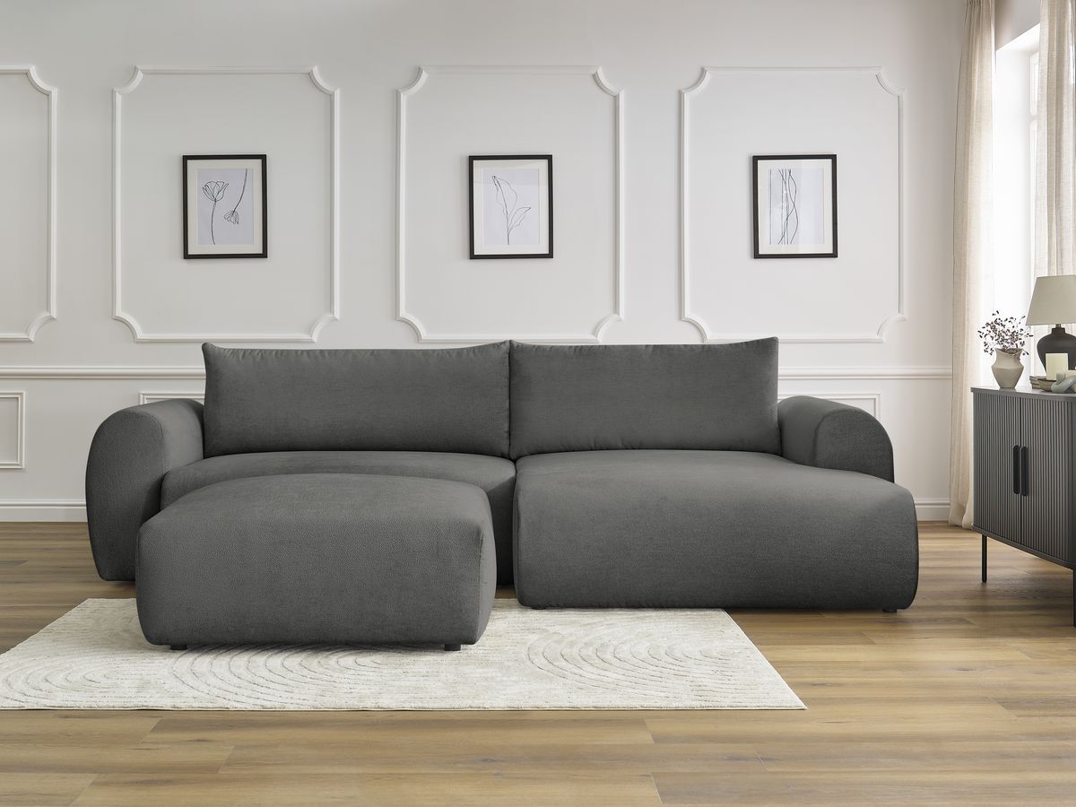 Bobochic Lucien Ecksofa mit Schlaffunktion und Bettkasten und Pouf 314 × 167 cm Stoff Dunkelgrau Ecke rechts