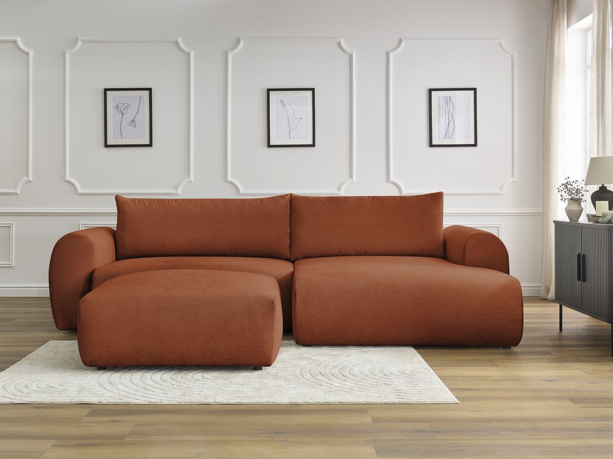 Bobochic Lucien Ecksofa mit Schlaffunktion und Bettkasten und Pouf 314 × 167 cm Stoff Orange Ecke rechts