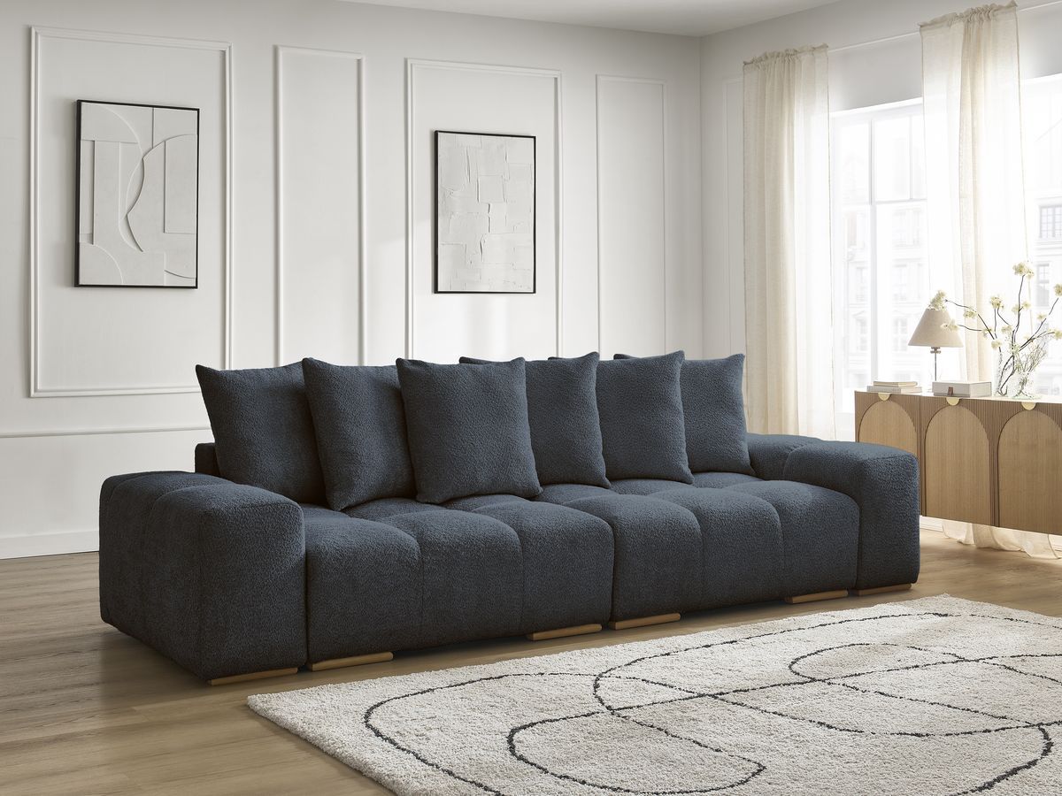 Bobochic Anakin Schlafsofa 3-Sitzer mit Bettkasten, 6 Kissen Bouclé-Stoff Dunkelblau