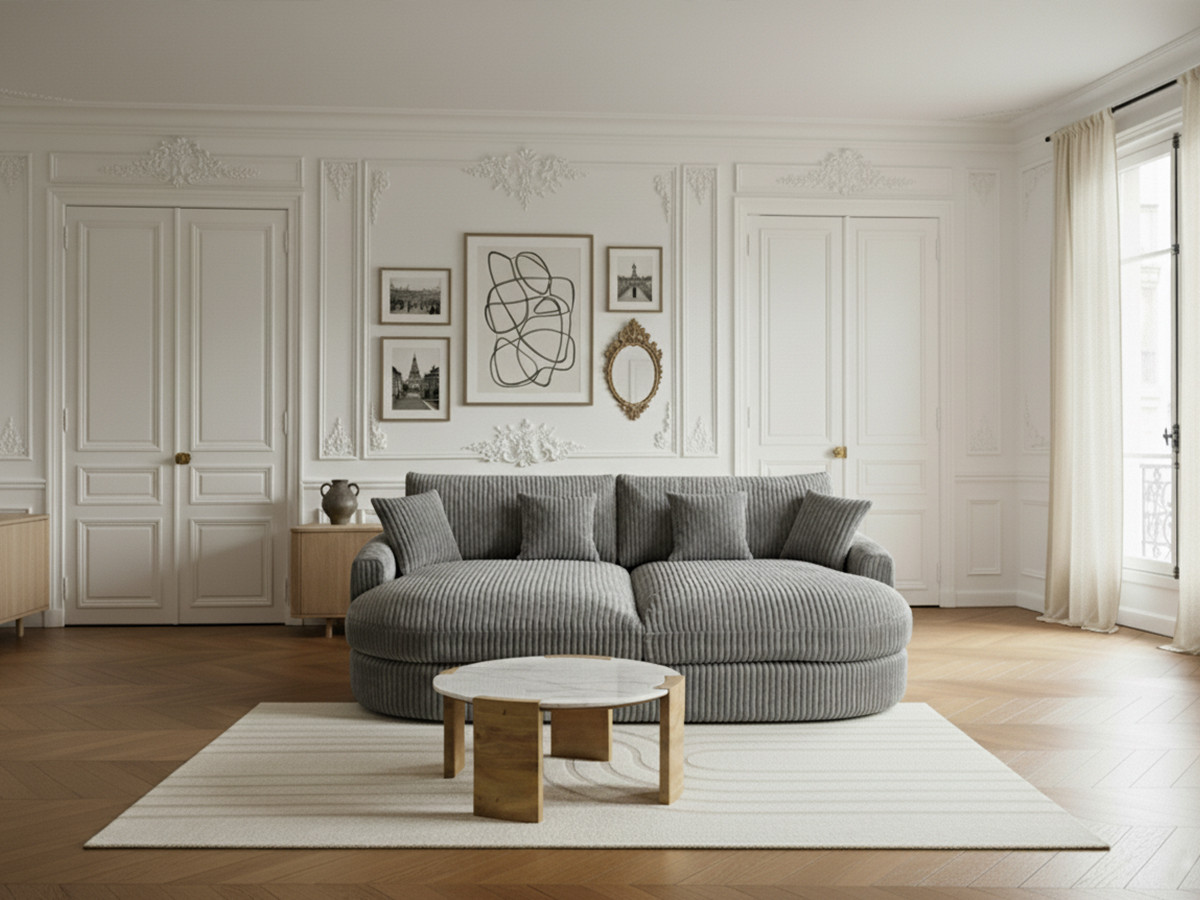 Bobochic Belem Sofa 3-Sitzer Breitcord weich Dunkelgrau