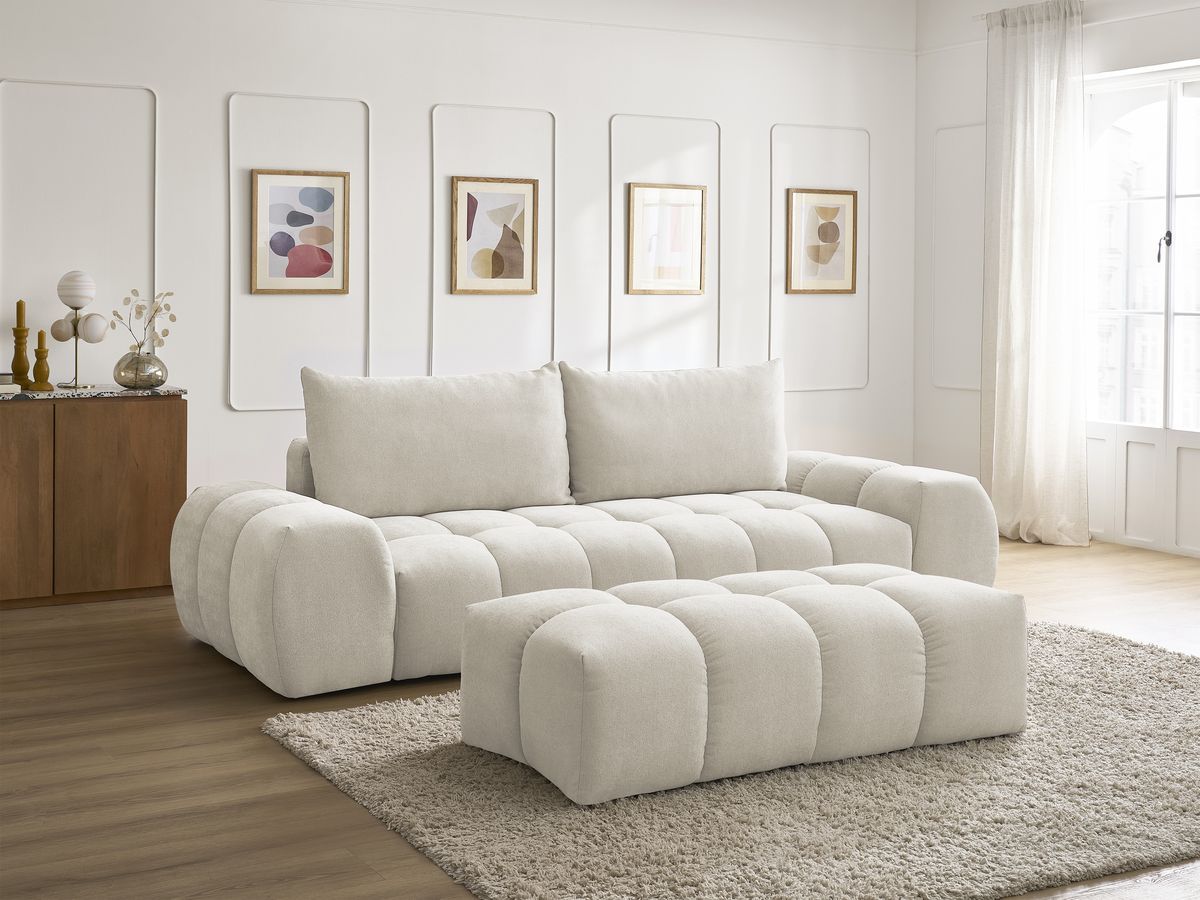 Bobochic Everest Sofa 3-Sitzer mit Pouf, 2 Kissen Strukturstoff Beige