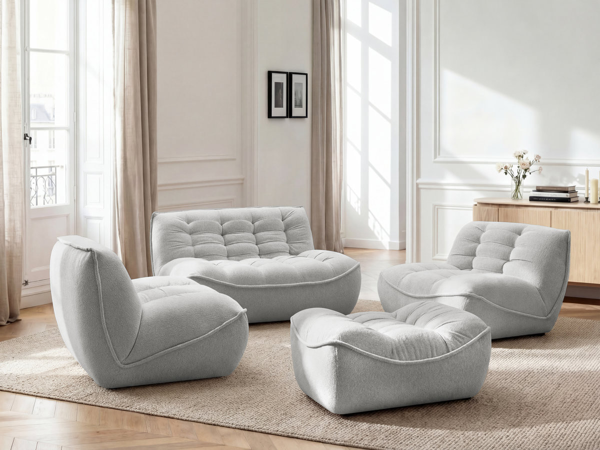 Bobochic Serena Sofa 4-Sitzer mit Pouf Melange-Stoff Hellgrau
