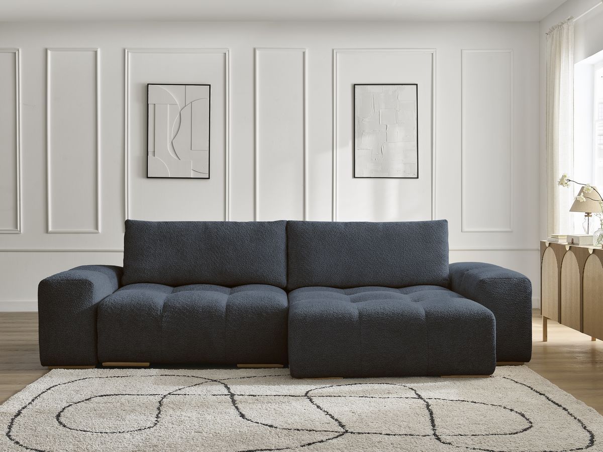 Bobochic Anakin Ecksofa mit Schlaffunktion und Bettkasten, 2 Kissen Bouclé-Stoff Dunkelblau