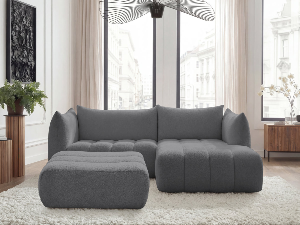 Bobochic Azra Ecksofa mit Pouf 262 × 178 cm Bouclé-Stoff Dunkelgrau Ecke rechts