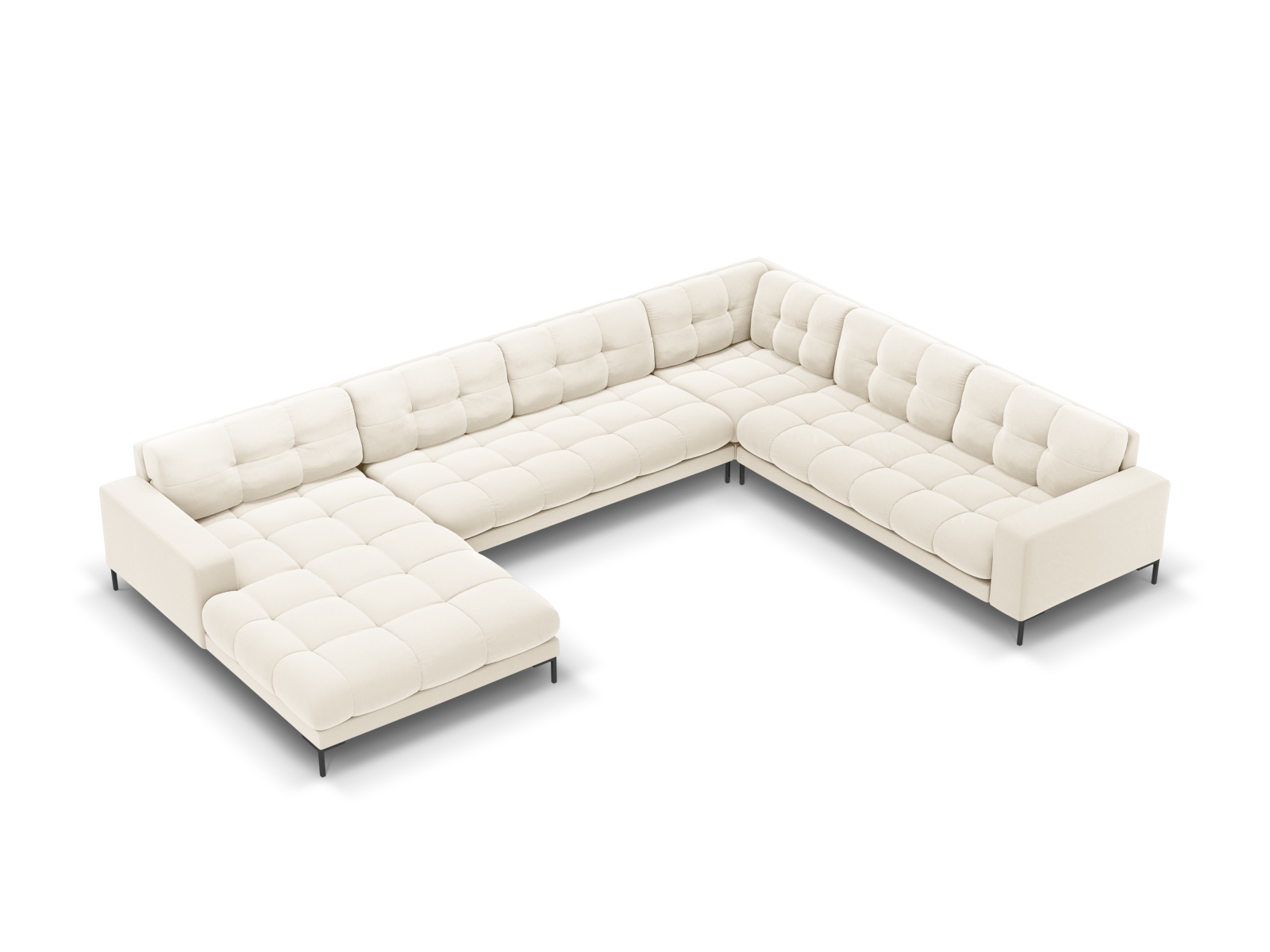 Cosmopolitan Design Panoramasofa Bali 7-Sitzer 327 cm Samt Bluvel Helles Beige Rechts Beine Schwarzes Metall