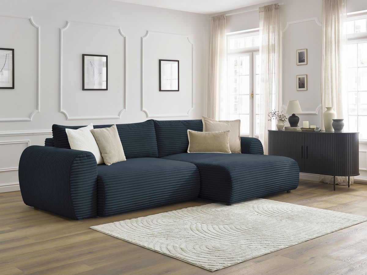 Bobochic Lucien Ecksofa mit Schlaffunktion und Bettkasten 314 × 167 cm Breitcord weich Dunkelblau Ecke rechts