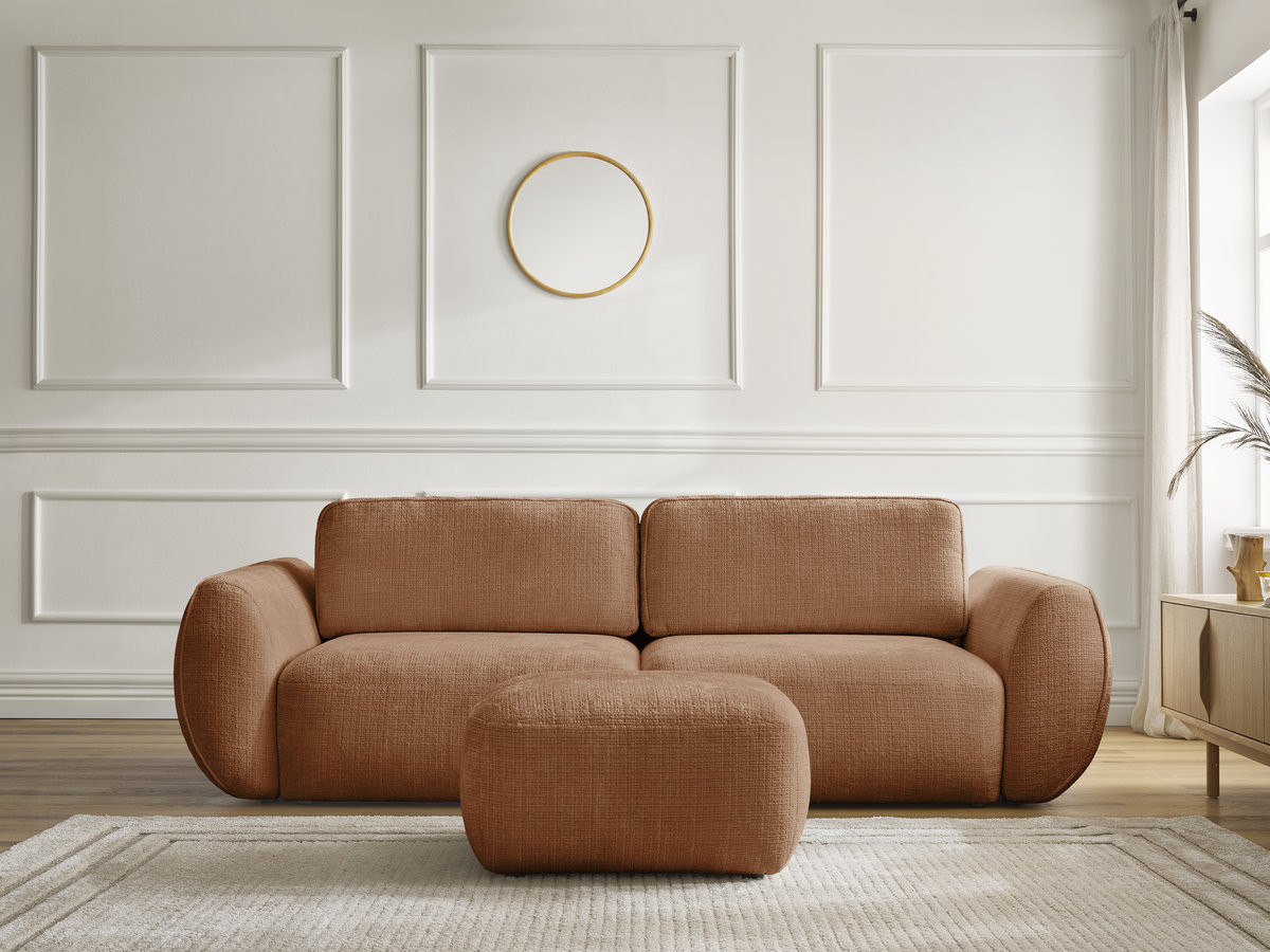 Bobochic Denise Schlafsofa 3-Sitzer mit Bettkasten und Pouf Strukturstoff Orange