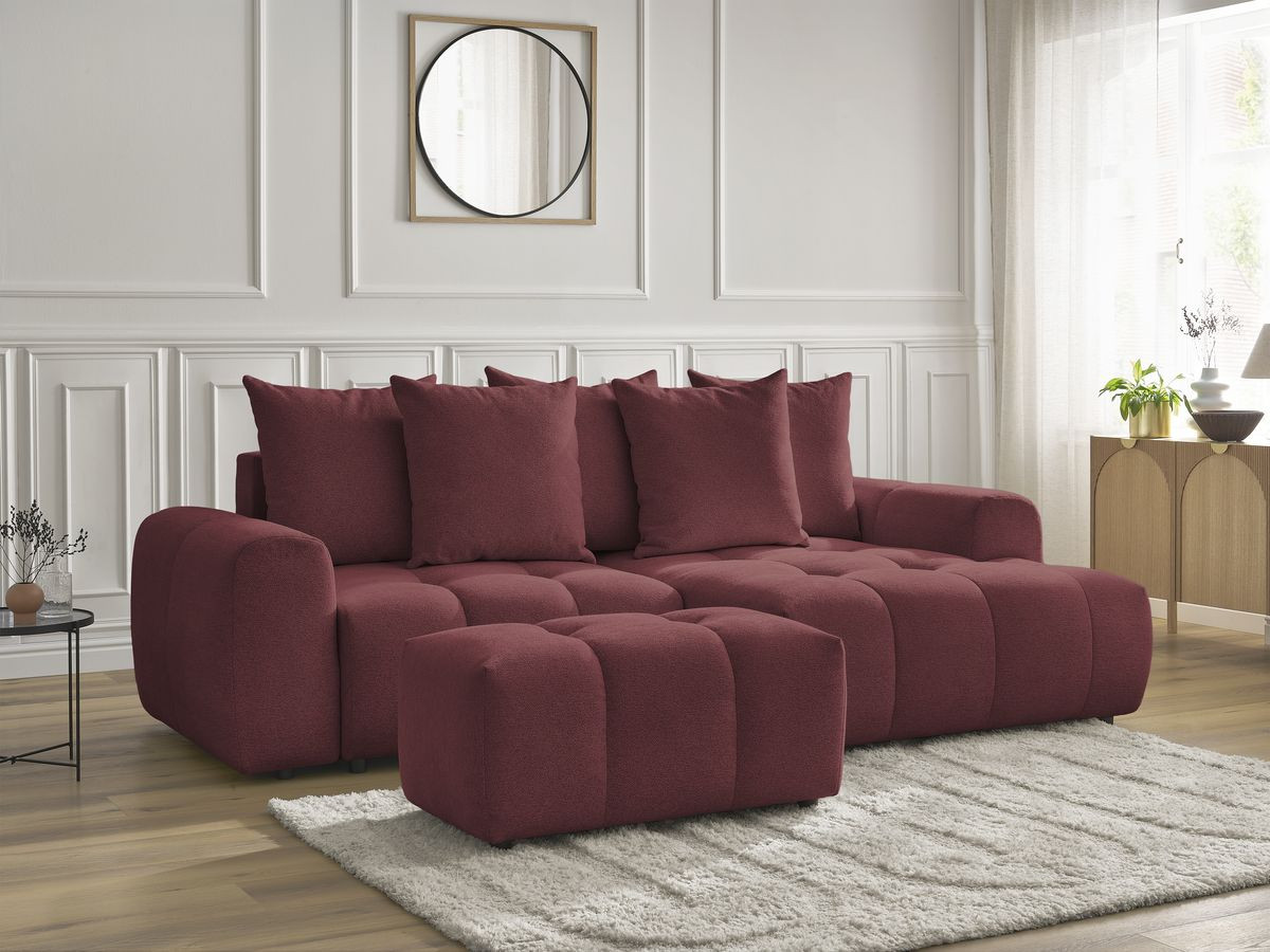 Bobochic Roxelane Ecksofa mit Schlaffunktion und Bettkasten und Pouf 258 × 150 cm Melange-Stoff Rot Ecke rechts