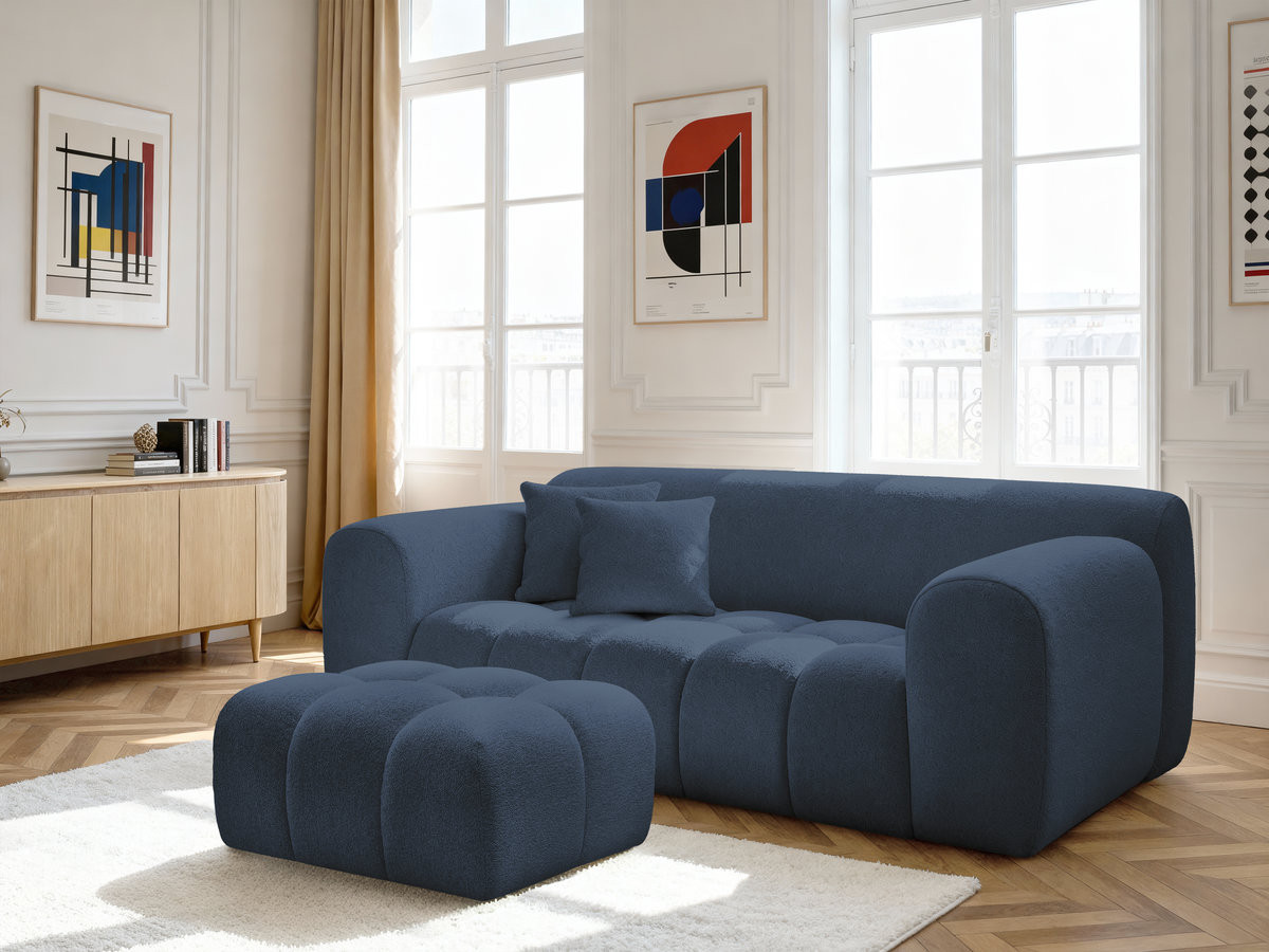 Bobochic Melisse Sofa 2-Sitzer mit Pouf Melange-Stoff Blau