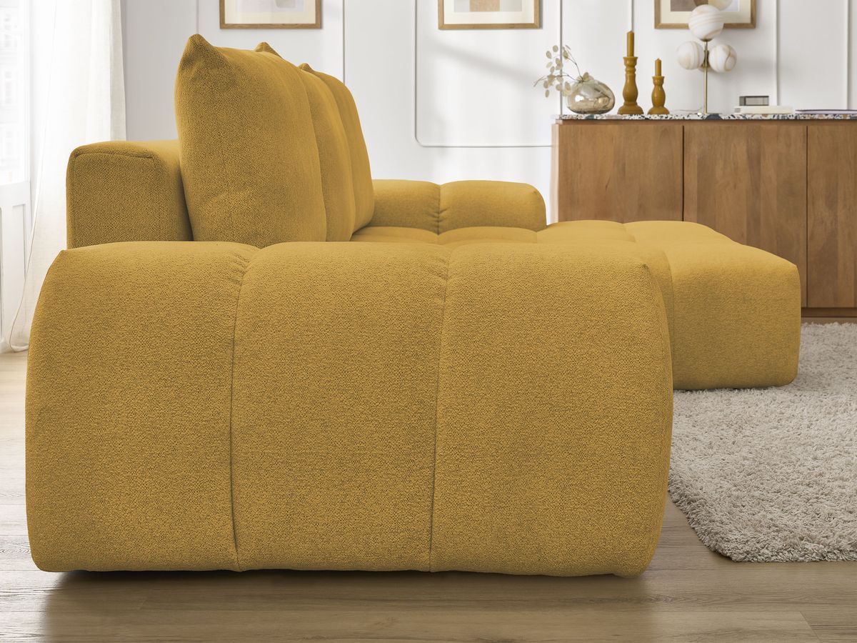 Bobochic Everest Ecksofa mit Schlaffunktion und Bettkasten 318 × 180 cm, 3 Kissen Melange-Stoff Gelb Ecke rechts
