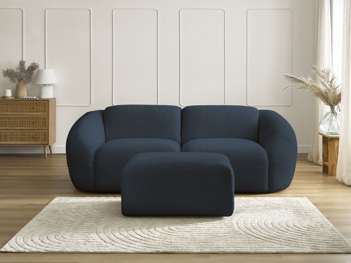 Bobochic Tina Sofa 3-Sitzer mit Pouf Bouclé-Stoff Dunkelblau
