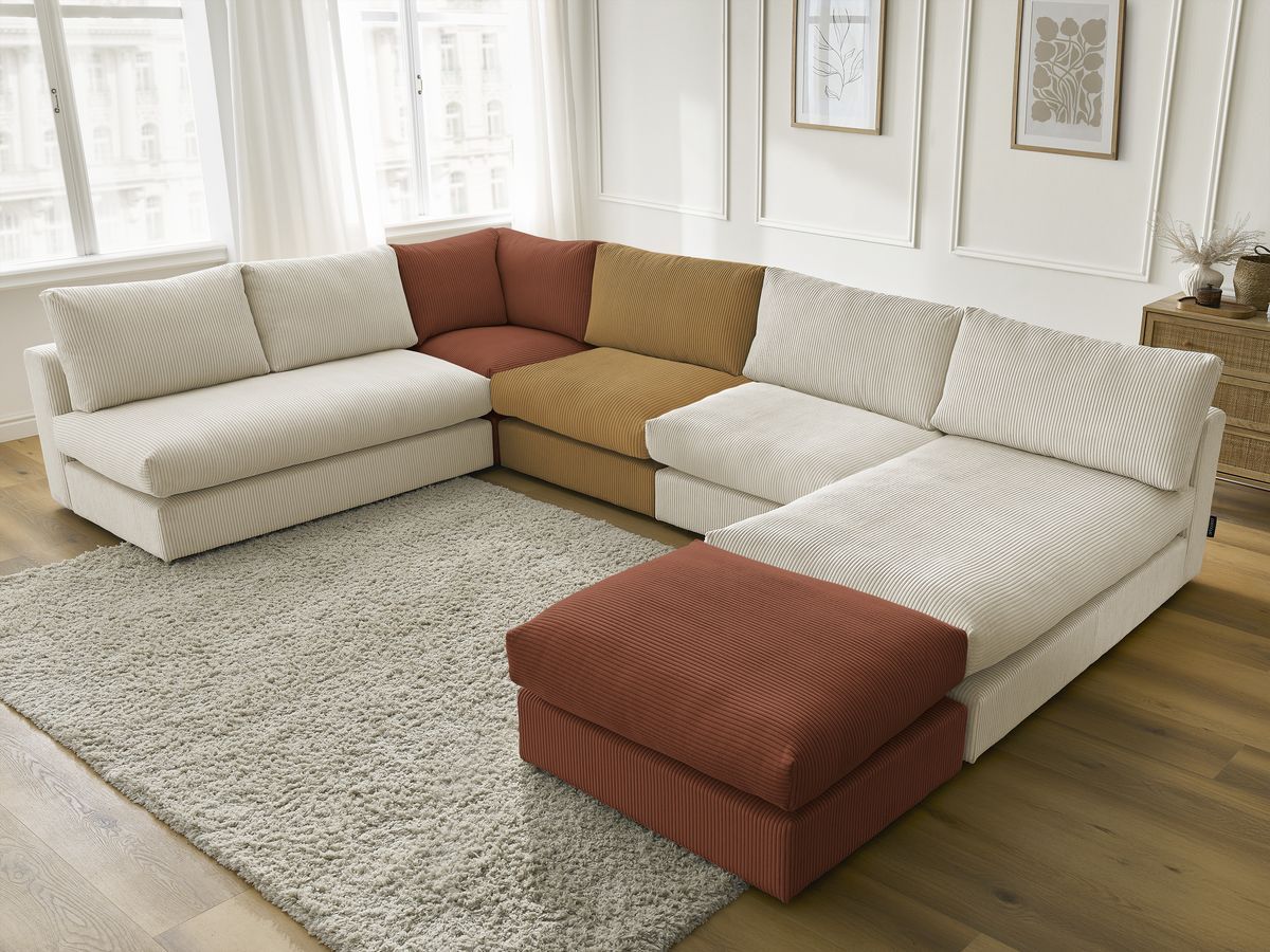 Bobochic Paris Ecksofa mit Pouf 369 × 167 cm Cordsamt Mehrfarbig