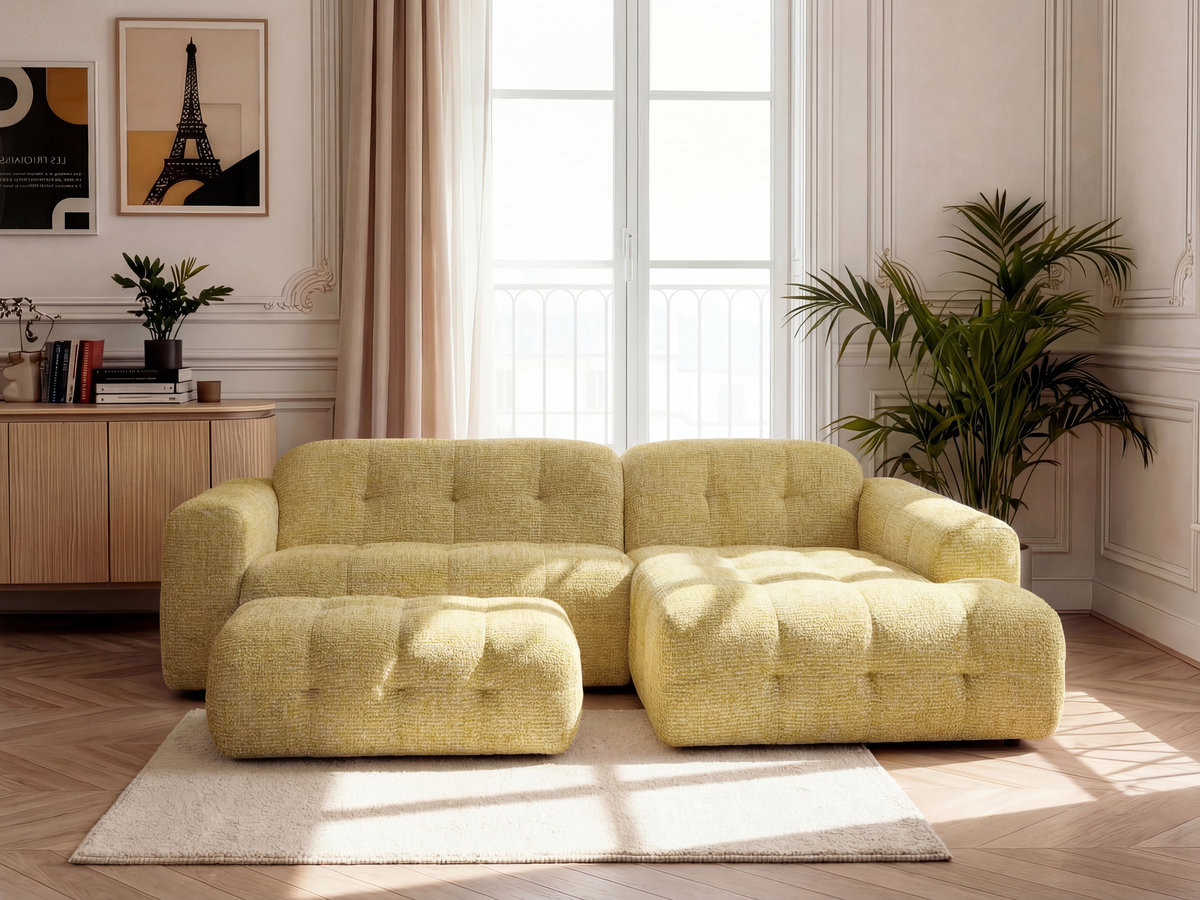 Bobochic Laura Ecksofa mit großem Pouf Melange-Stoff Gelb Ecke rechts
