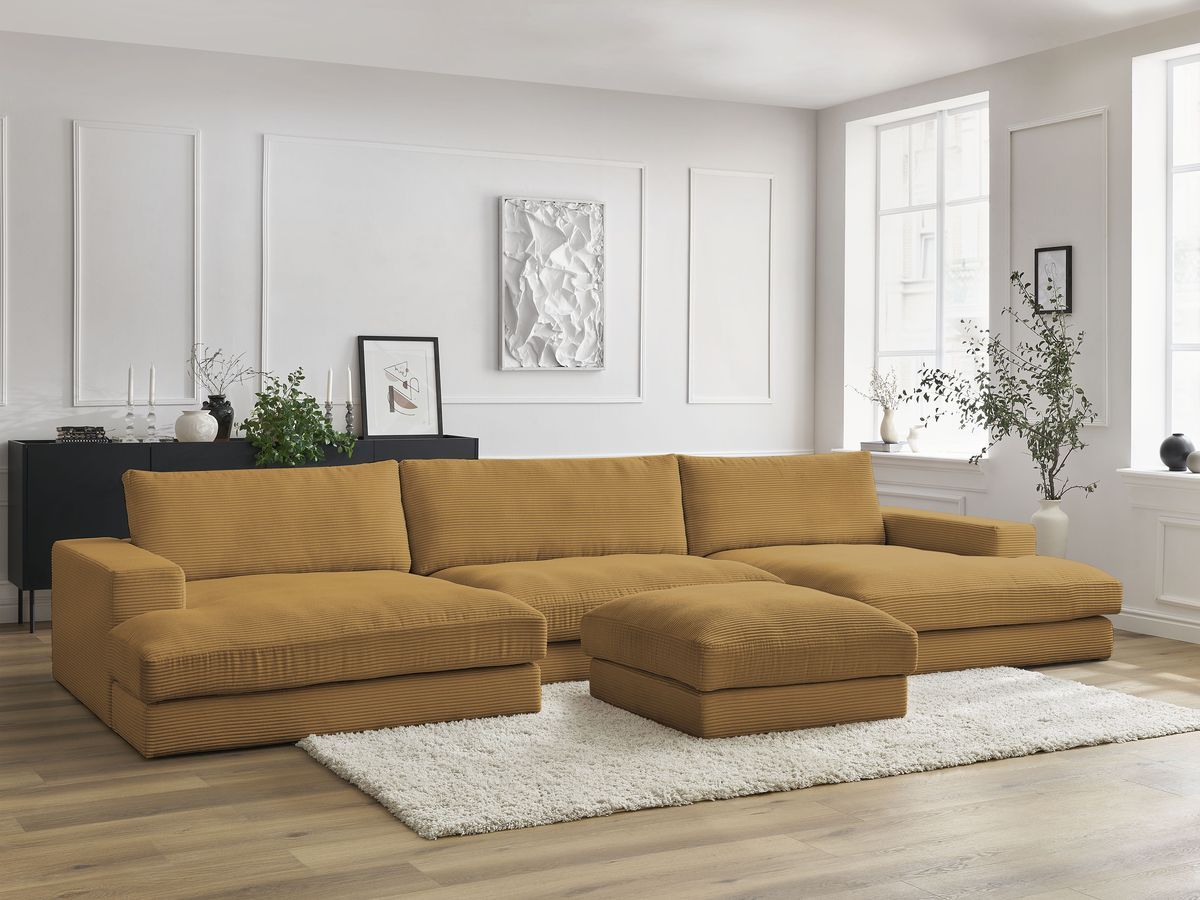 Bobochic Leonard Wohnlandschaft mit Pouf 404 × 159 cm Cordsamt Gelb