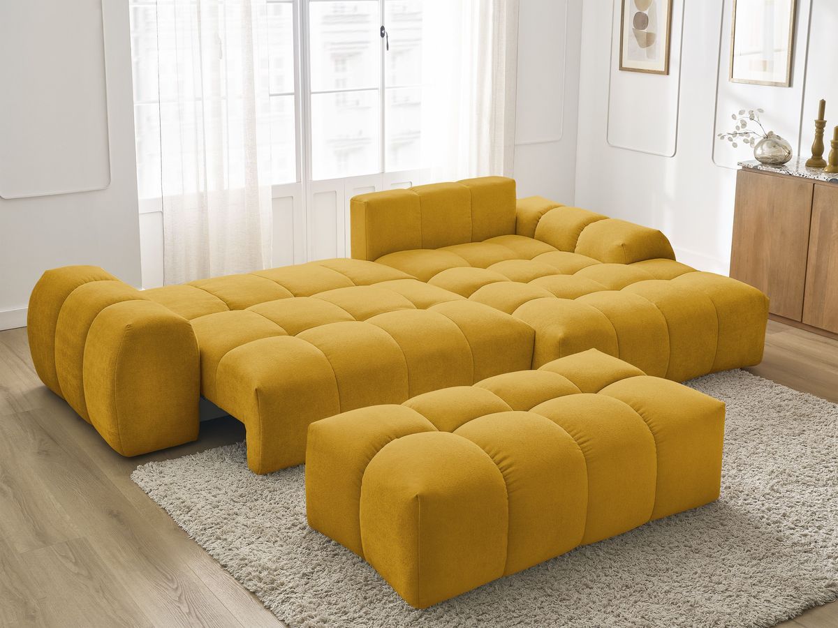 Bobochic Everest Ecksofa mit Schlaffunktion und Bettkasten und Pouf 318 × 180 cm, 7 Kissen Strukturstoff Gelb Ecke rechts