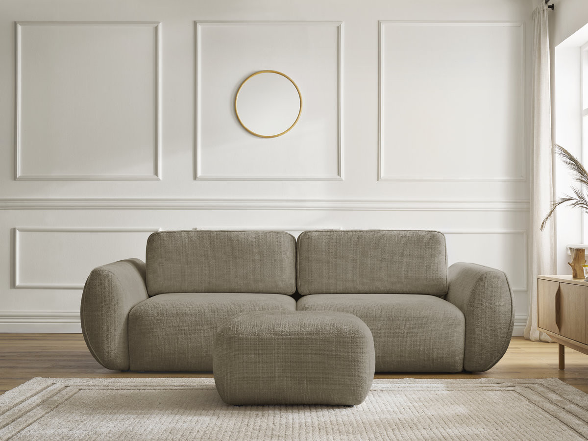 Bobochic Denise Schlafsofa 3-Sitzer mit Bettkasten und Pouf Strukturstoff Taupe