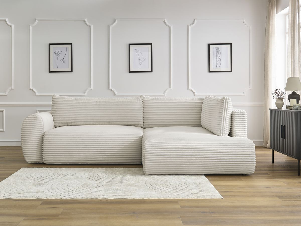 Bobochic Lucien Ecksofa mit Schlaffunktion und Bettkasten 296 × 198 cm Breitcord weich Beige Ecke rechts