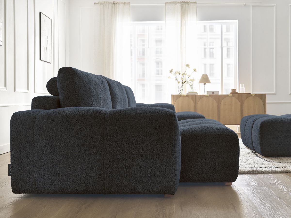 Bobochic Anakin Wohnlandschaft mit Pouf, 3 Kissen Bouclé-Stoff Dunkelblau