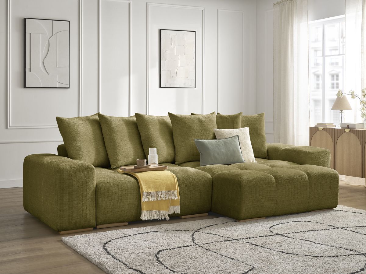 Bobochic Anakin Ecksofa, 6 Kissen Strukturstoff Grün