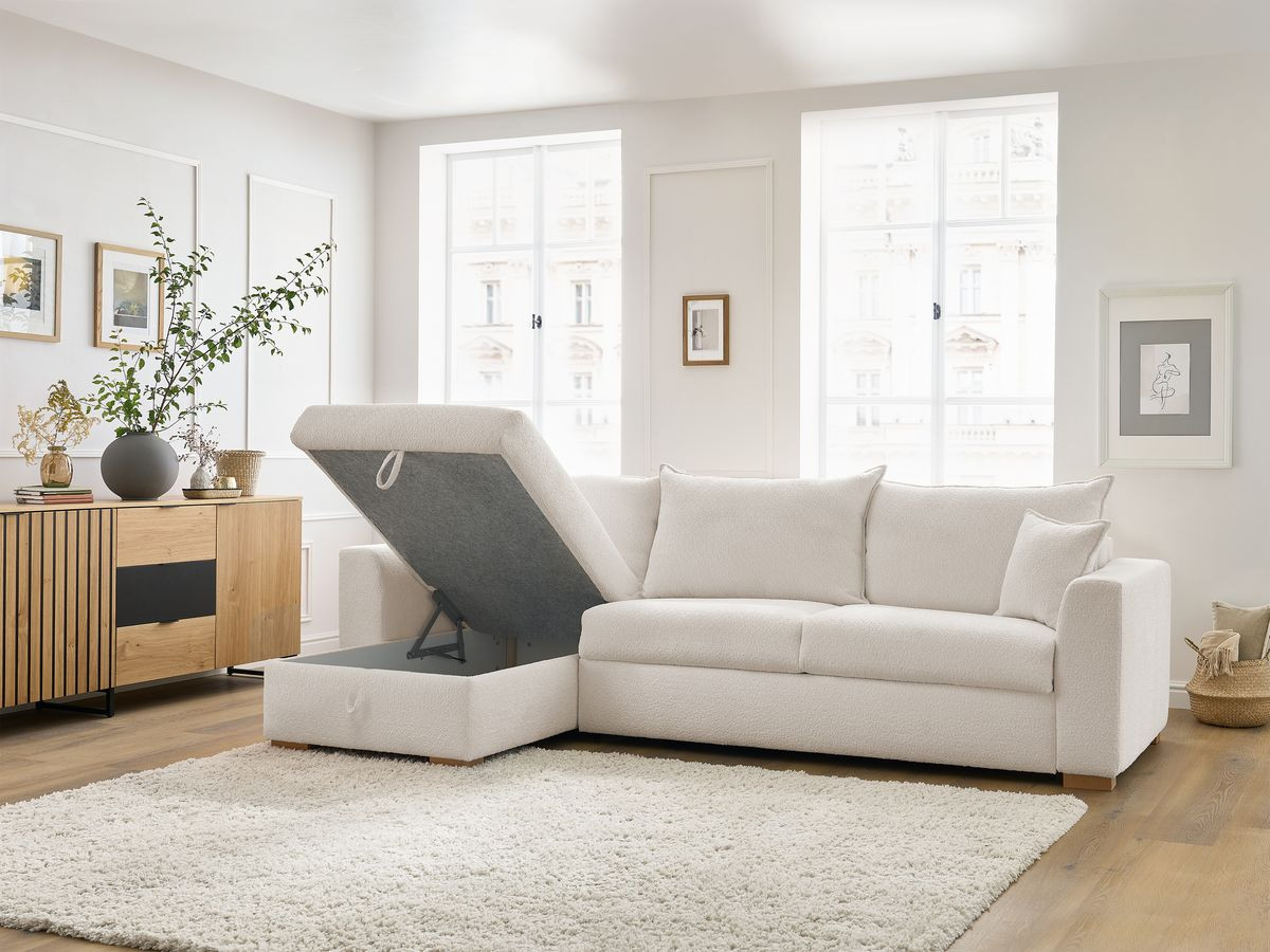 Bobochic Augustin Ecksofa mit Schlaffunktion und Bettkasten Bouclé-Stoff Weiß, Liegefläche 140 × 200 cm