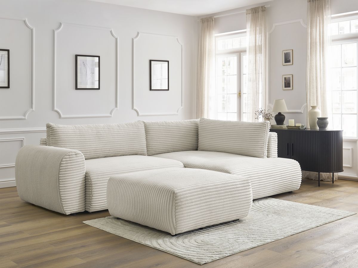 Bobochic Lucien Ecksofa mit Schlaffunktion und Bettkasten und Pouf 296 × 198 cm Breitcord weich Beige Ecke rechts