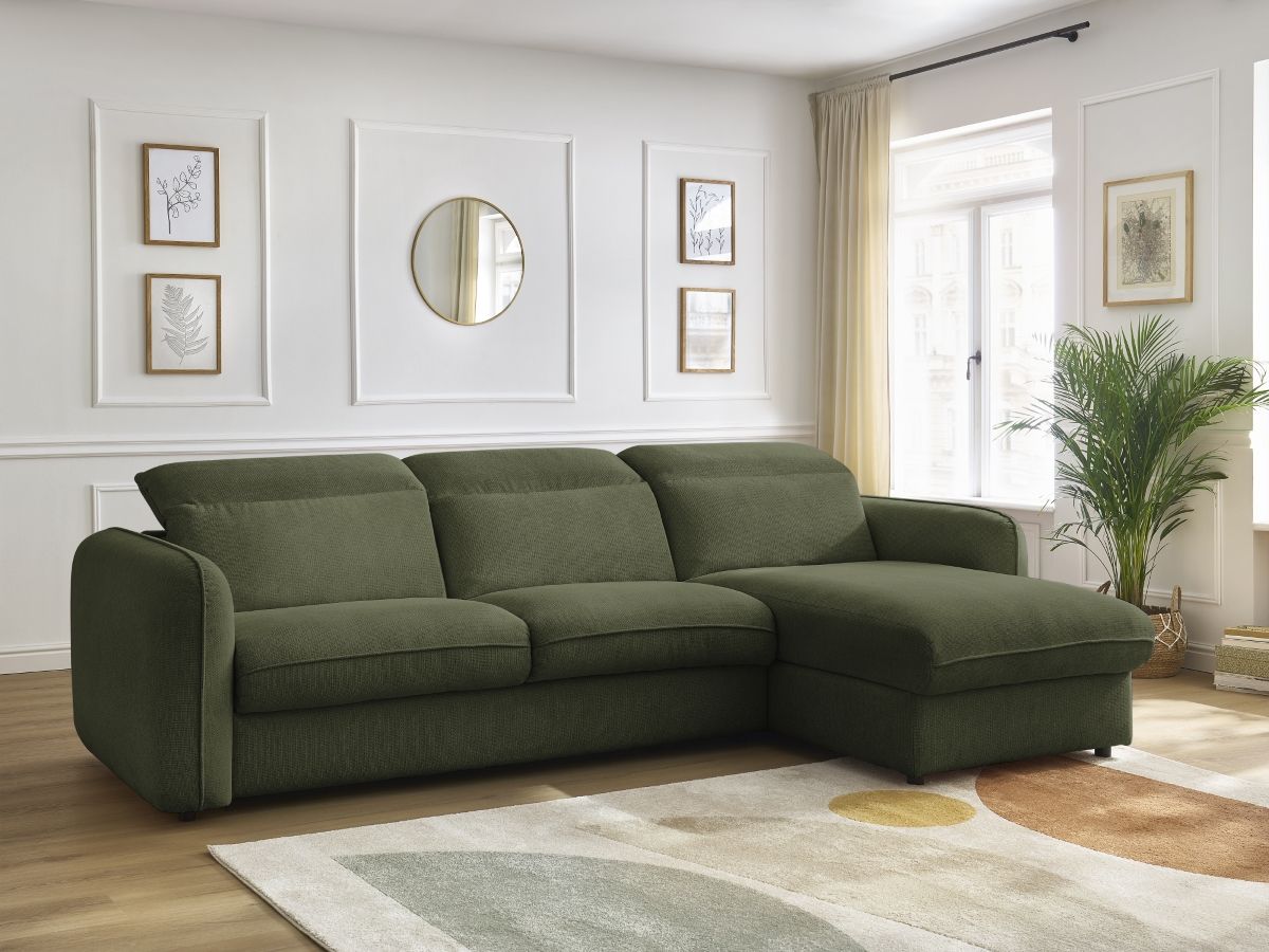 Bobochic Achille Ecksofa mit Schlaffunktion und Bettkasten Melange-Stoff Grün, Liegefläche 160 × 200 cm