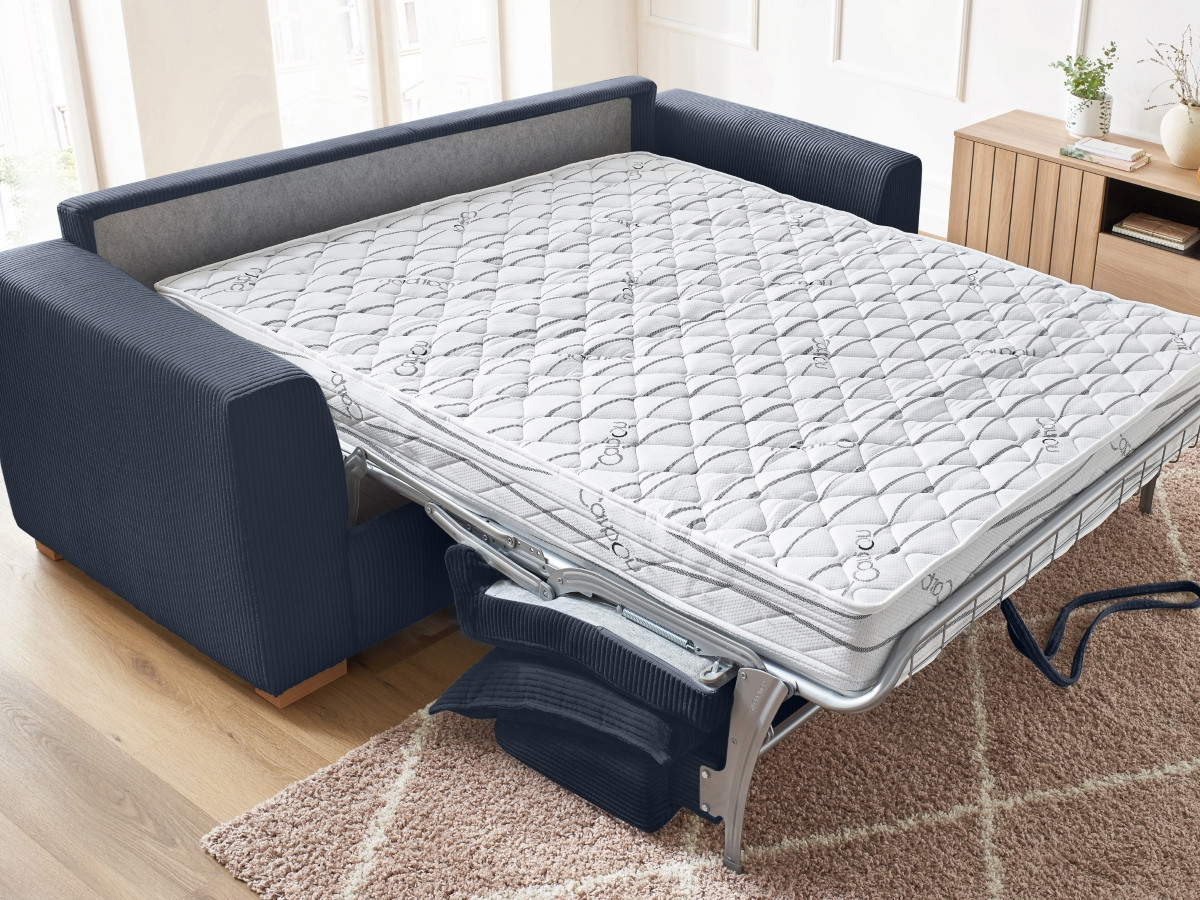 Bobochic Augustin Schlafsofa 3-Sitzer Cordsamt Dunkelblau, Liegefläche 140 × 200 cm