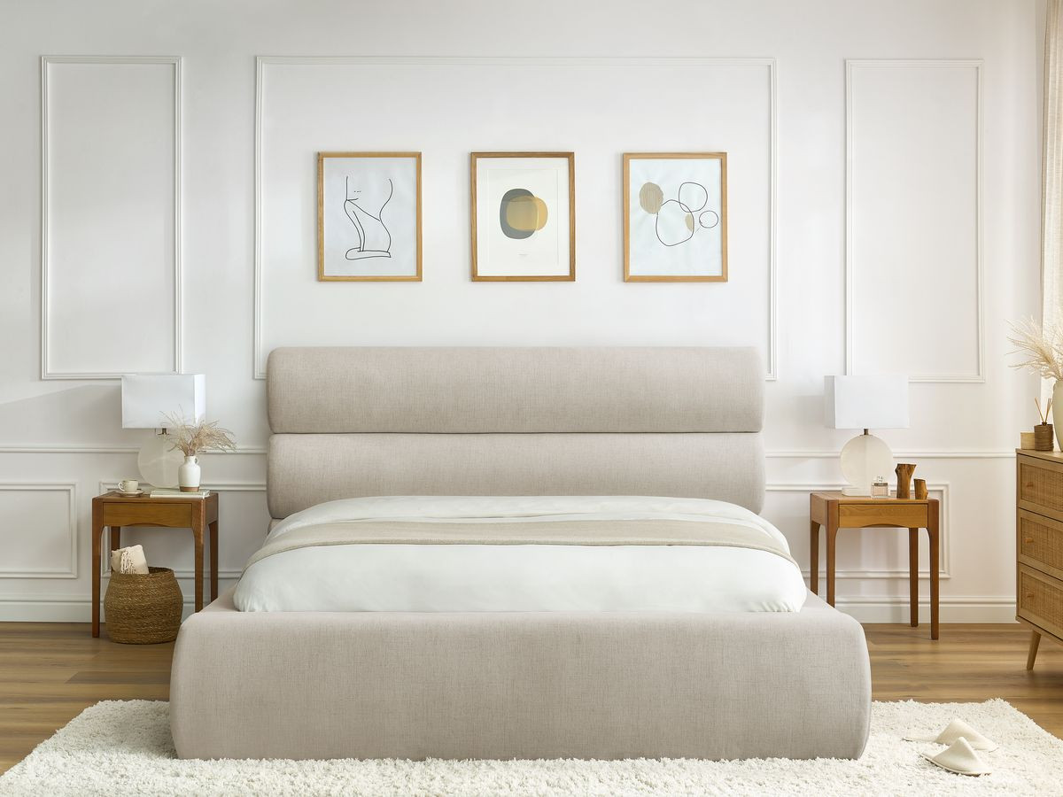 Bobochic Jagna Polsterbett mit Bettkasten Stoff Beige, Liegefläche 140 × 190 cm
