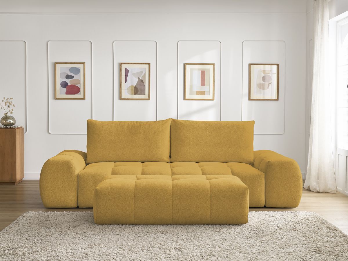 Bobochic Everest Sofa 3-Sitzer mit Pouf, 2 Kissen Melange-Stoff Gelb