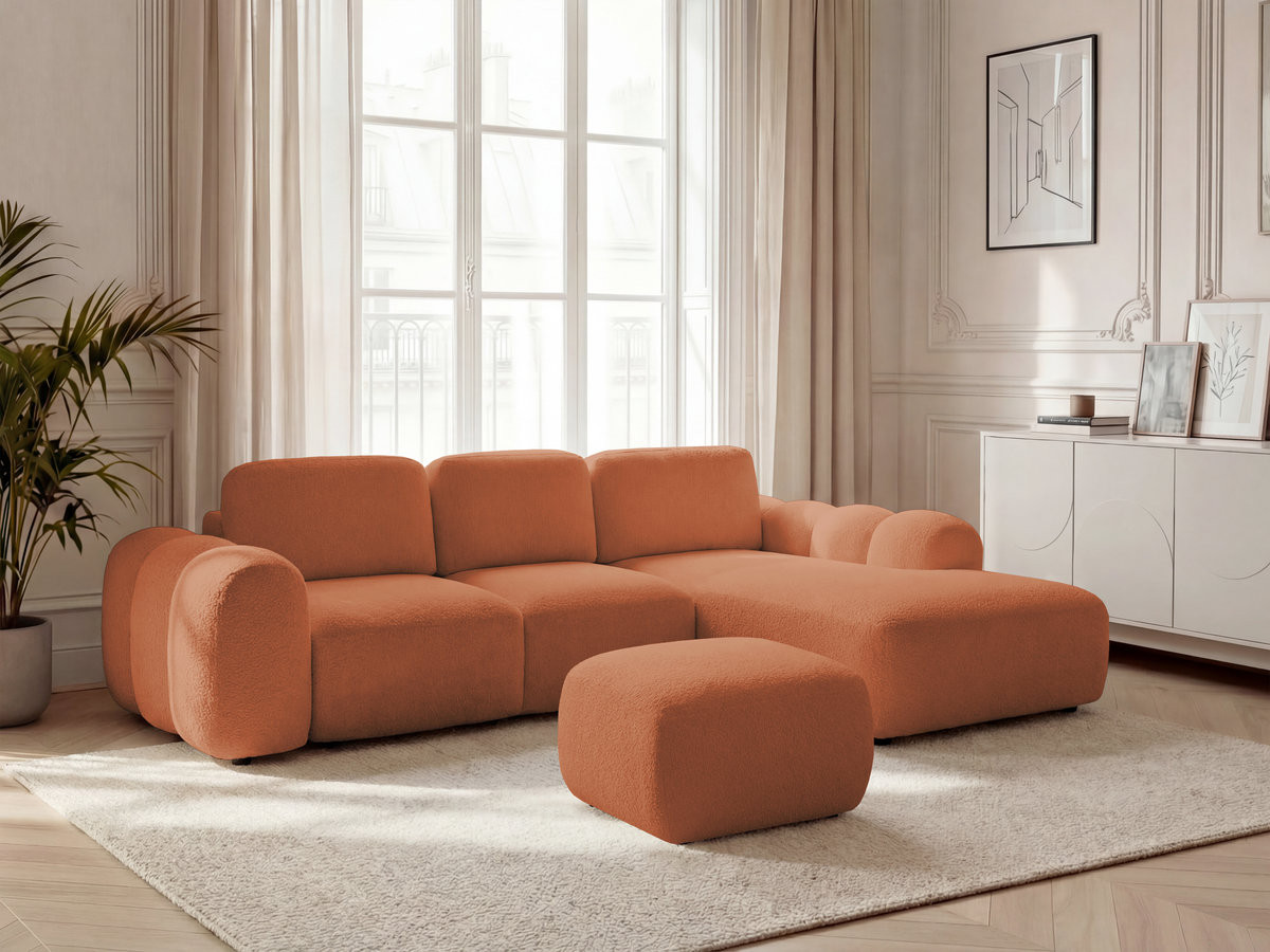 Bobochic Montaigne Ecksofa mit Schlaffunktion und Bettkasten und Pouf 288 × 196 cm Bouclé-Stoff Orange Ecke rechts
