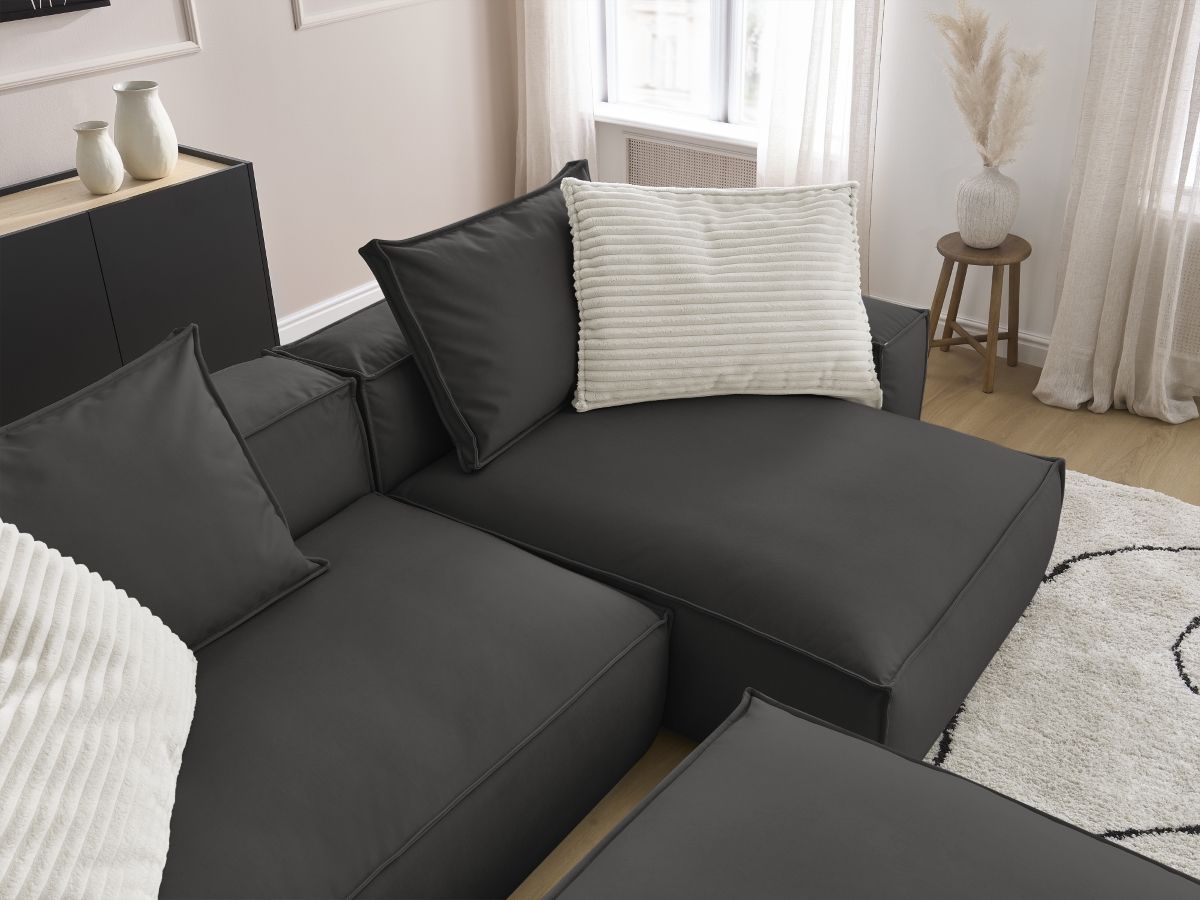 Bobochic Boheme Ecksofa mit Pouf Kunstleder Schwarz