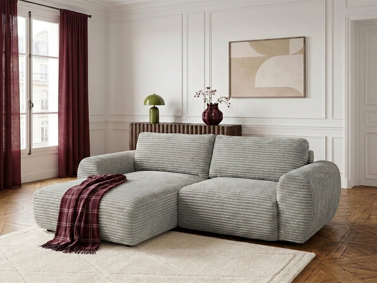 Bobochic Lucien Ecksofa mit Schlaffunktion und Bettkasten Breitcord weich Hellgrau Ecke links