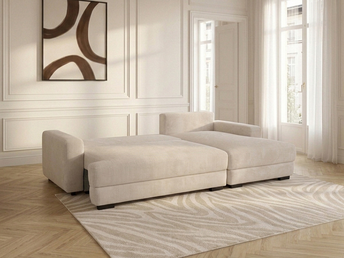 Bobochic Campi Ecksofa mit Schlaffunktion und Bettkasten Cordsamt Beige Ecke rechts