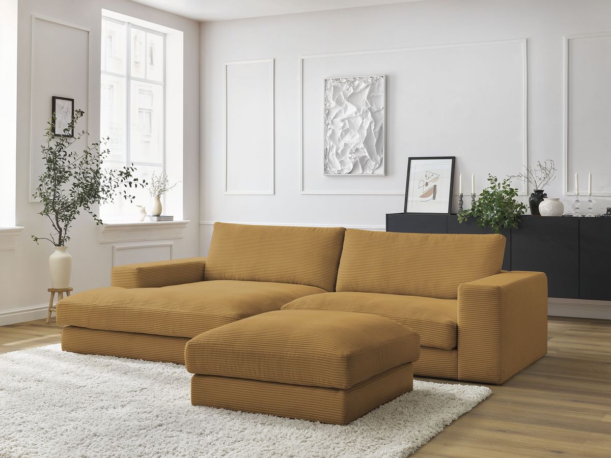 Bobochic Leonard Ecksofa mit Pouf 274 × 159 cm Cordsamt Gelb Ecke links