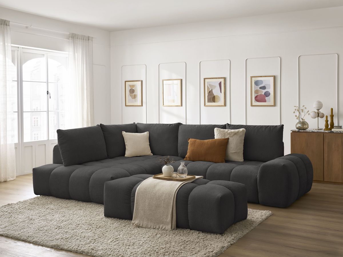 Bobochic Everest Ecksofa mit Schlaffunktion und Bettkasten und Pouf 320 × 212 cm, 5 Kissen Strukturstoff Schwarz Ecke links