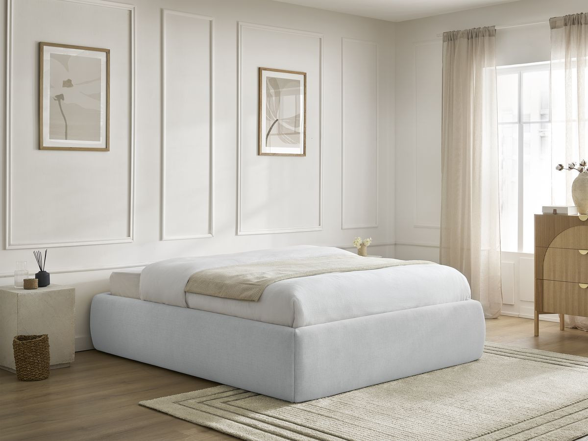 Bobochic Inera Bettgestell mit Bettkasten, ohne Kopfteil Stoff Hellgrau, Liegefläche 160 × 200 cm