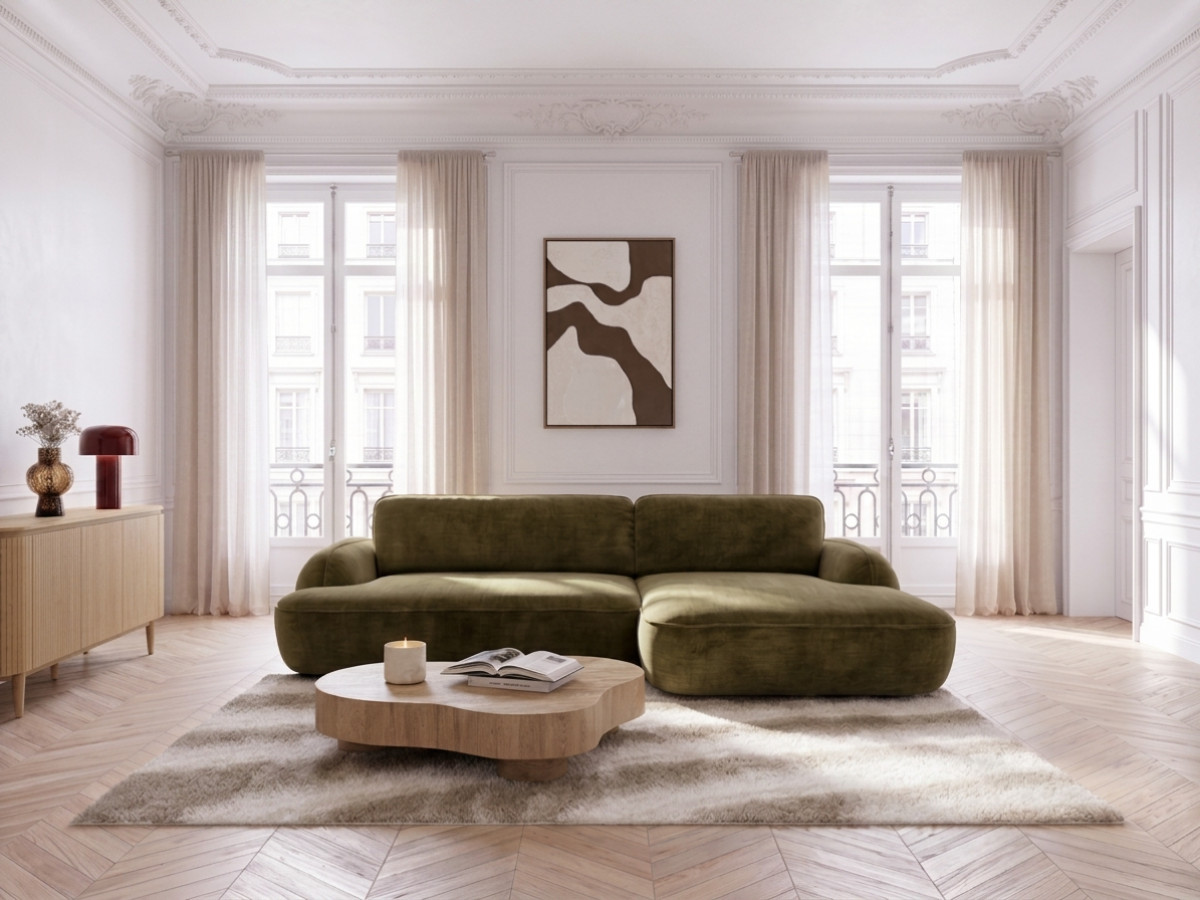 Bobochic Celeste Ecksofa mit Schlaffunktion und Bettkasten Stoff Grün Ecke rechts
