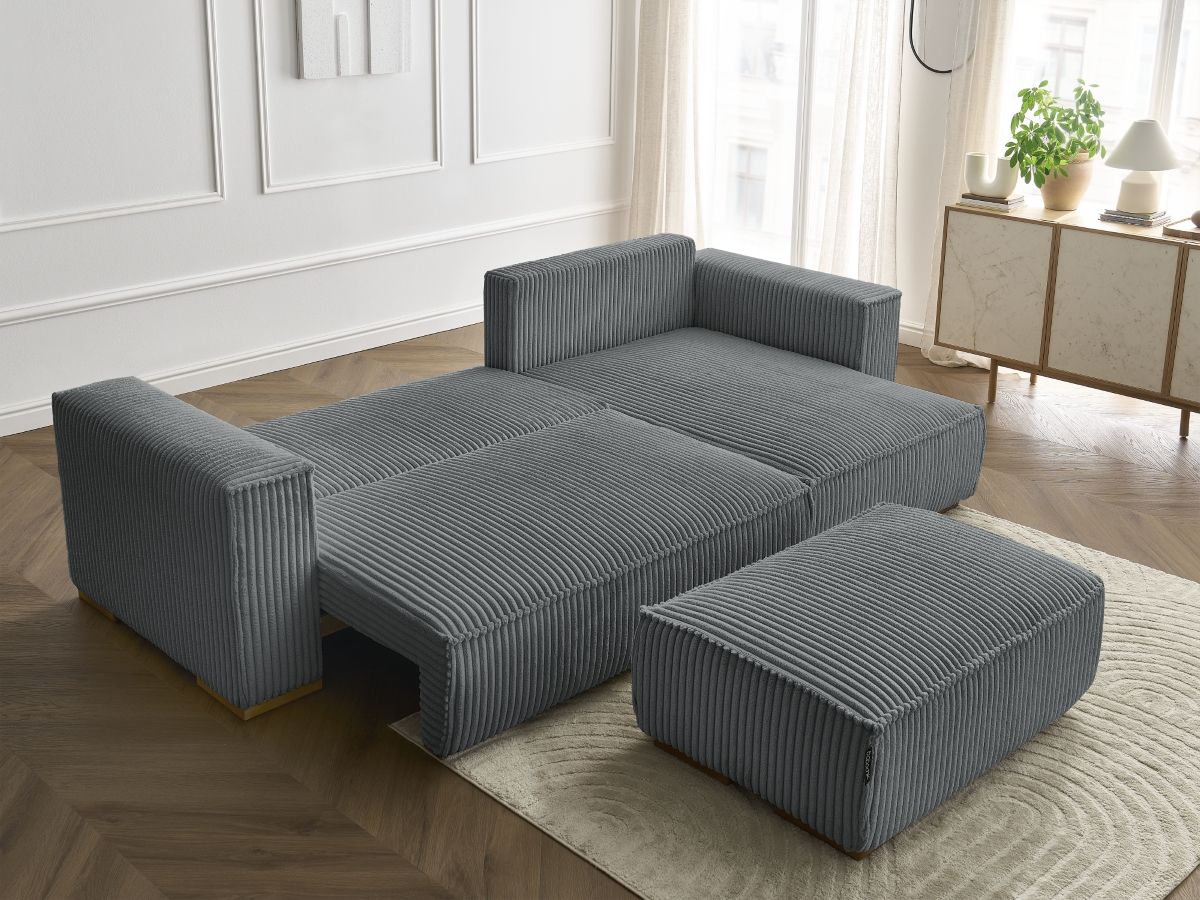 Bobochic Chelsea Ecksofa mit Schlaffunktion und Bettkasten und Pouf Breitcord weich Dunkelgrau